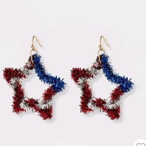 Red White and Blue Tinsel Wrapped Star America 4th of July Earrings